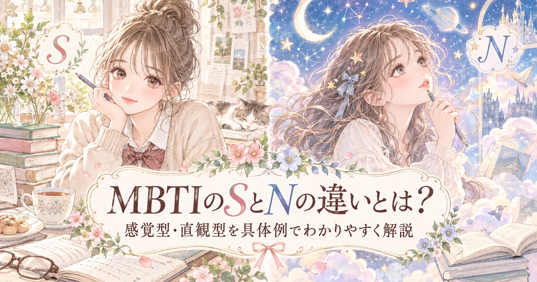 MBTIのSとNの違いを描いたイラスト。左に花や本のある現実の場面、右に星や月のある想像の場面。