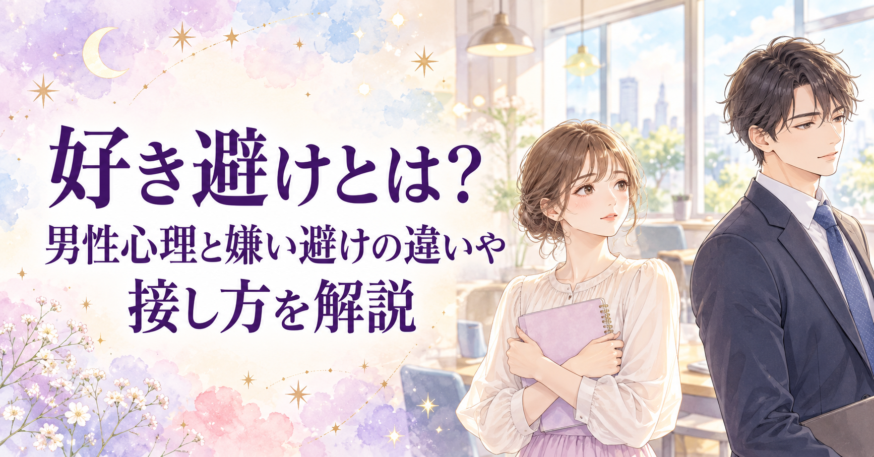 好き避けとは?男性心理と嫌い避けの違いや接し方を解説。距離を保つ男女を描いた少女漫画風イラスト。