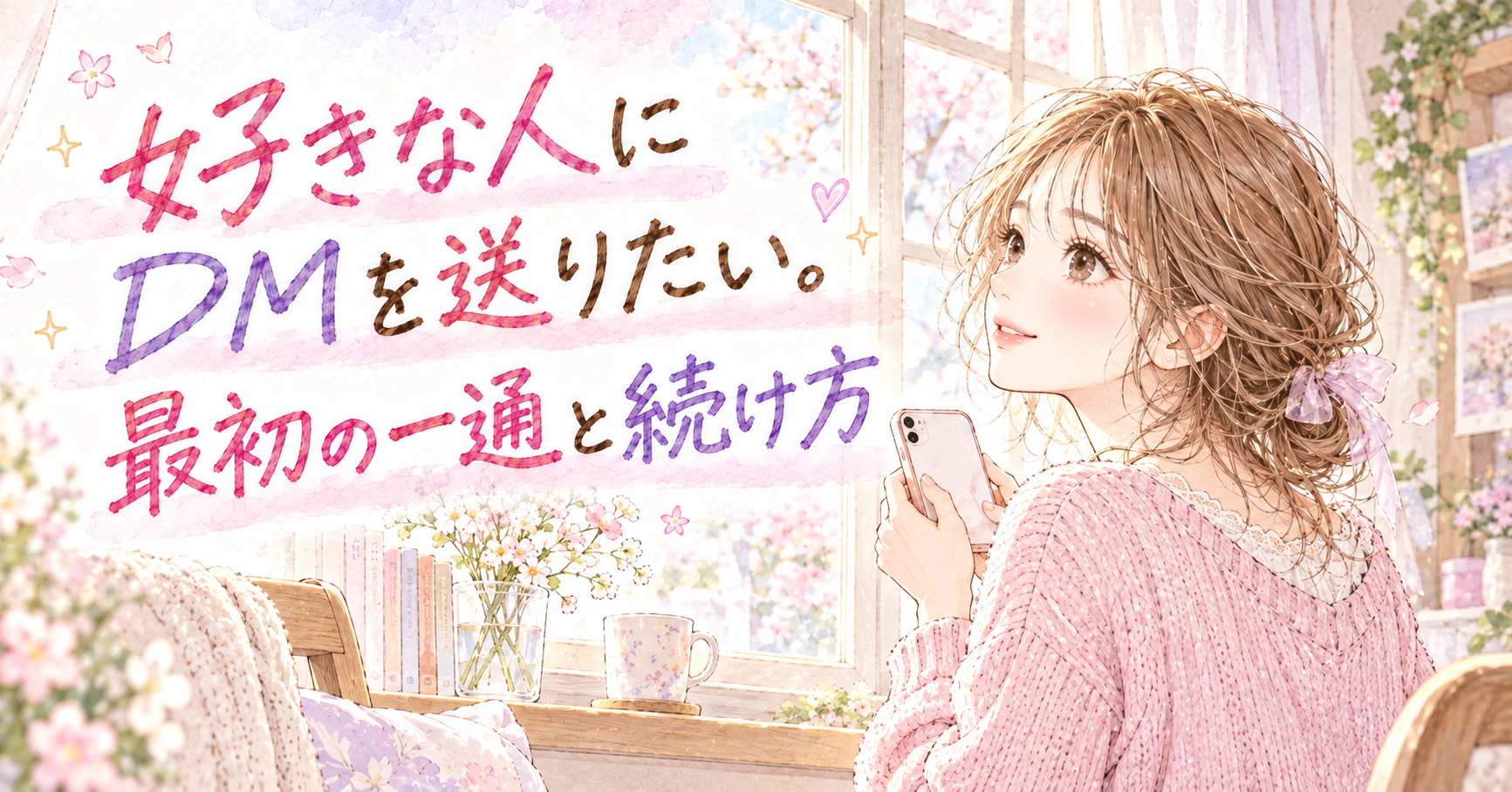 窓辺でスマートフォンを持ち、最初のメッセージを考える女性