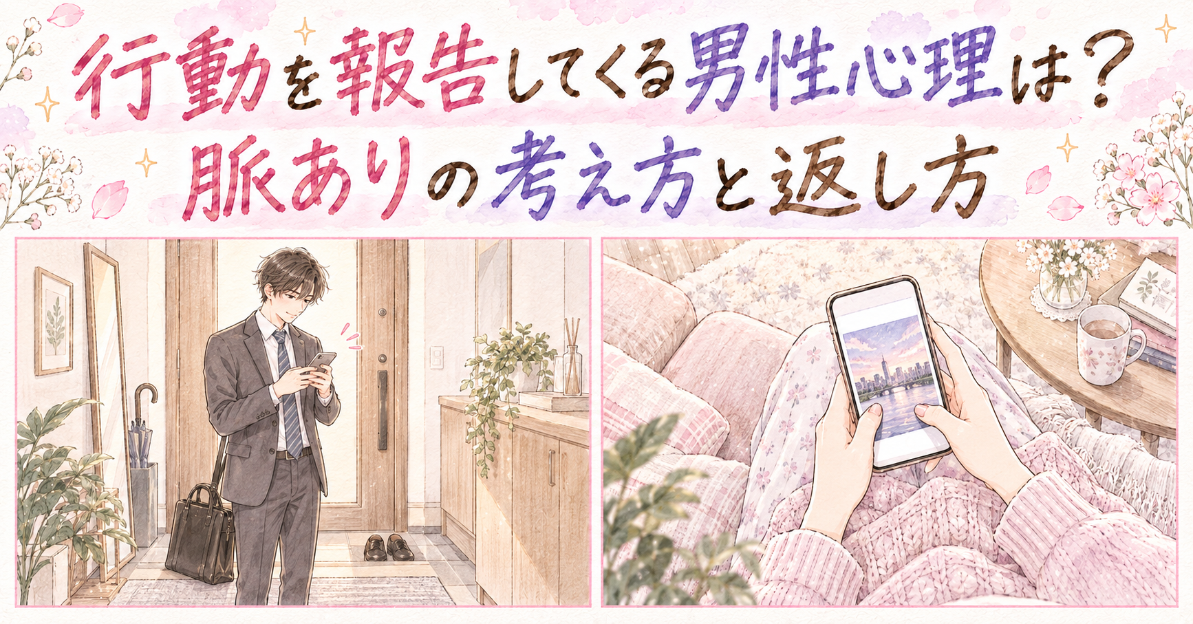 帰宅後にスマートフォンで日常を報告する男性と、その報告を受け取る女性の手元を描いた2場面の手描き少女漫画風イラスト