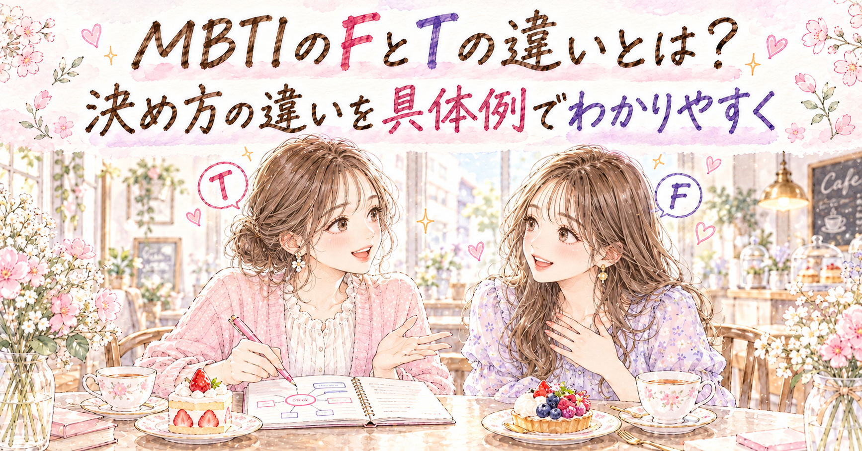 カフェでノートを広げて話す女性と、胸に手を当ててうなずく女性のイラスト