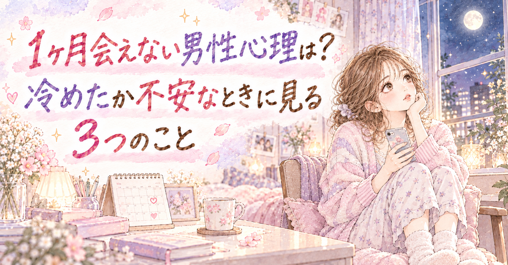 夜の部屋でスマートフォンを手に、窓の外の月を見上げる女性のイラスト