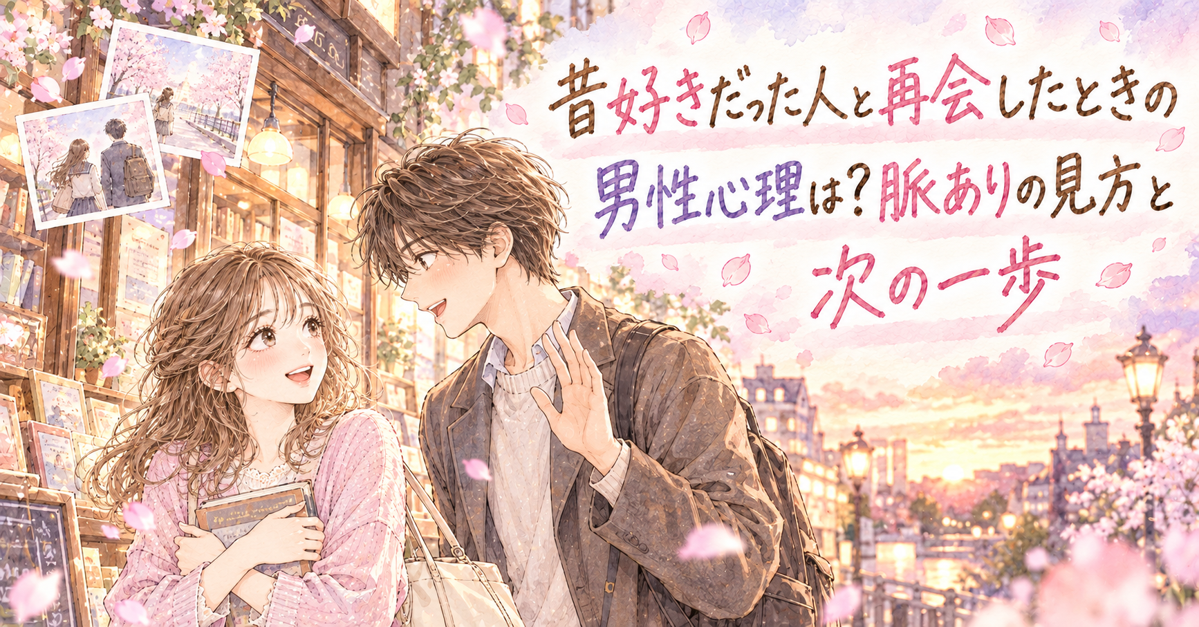 本屋の前で偶然再会し、笑顔であいさつを交わす女性と男性のイラスト