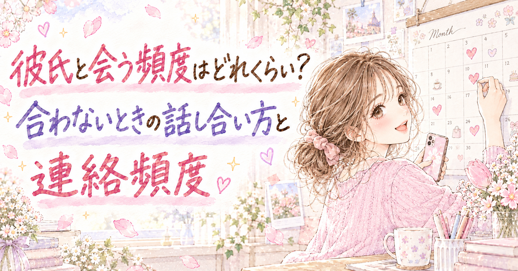 壁のカレンダーにハートのシールを貼りながら、スマートフォンを手に振り返る女性のイラスト