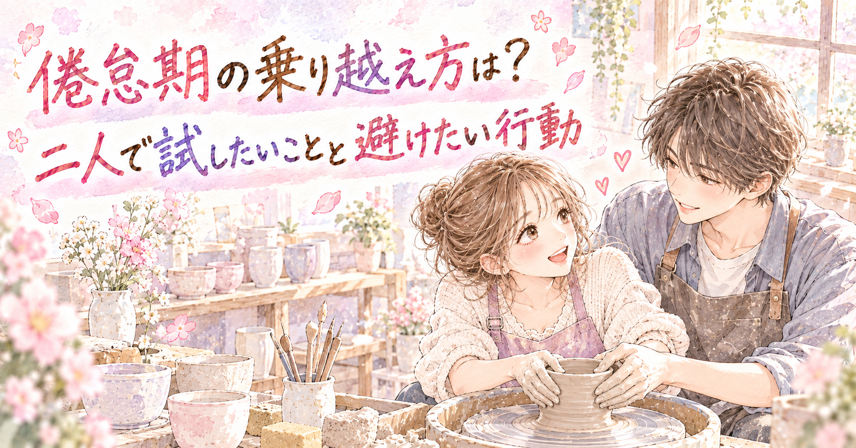 陶芸教室でろくろを回しながら、顔を見合わせて笑うカップルのイラスト