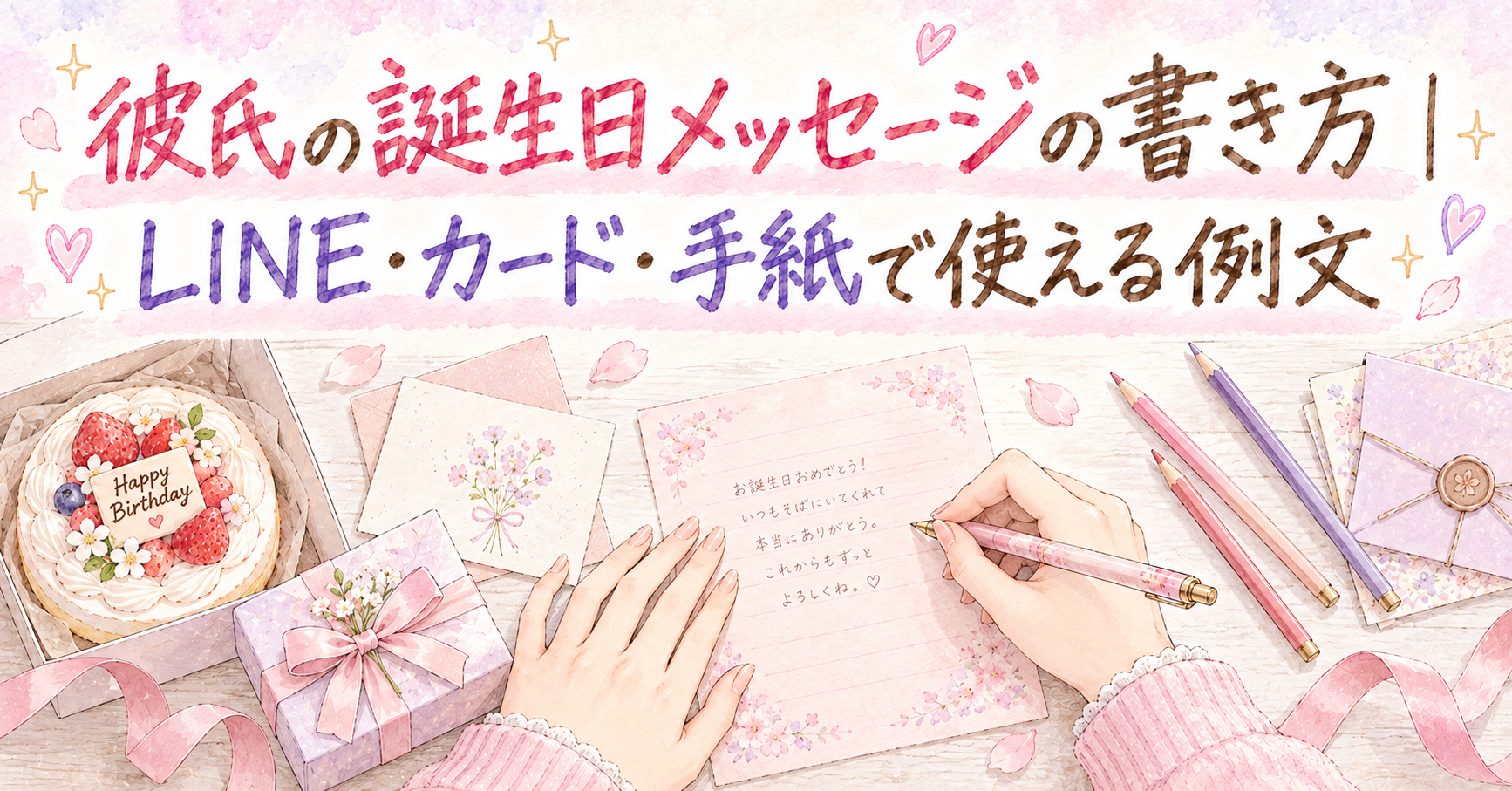 机の上でピンクの便箋に誕生日の手紙を書く手元と、ケーキやプレゼントのイラスト