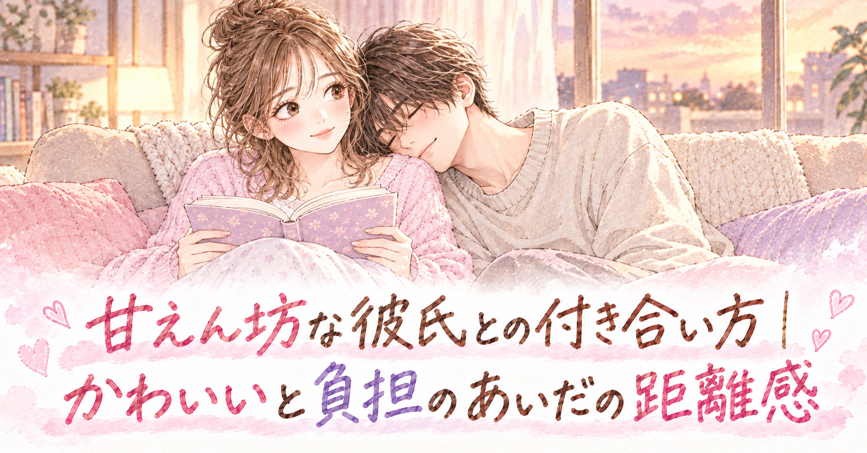 ソファで本を読む女性の肩に、彼氏が頭をもたせかけて甘えているイラスト