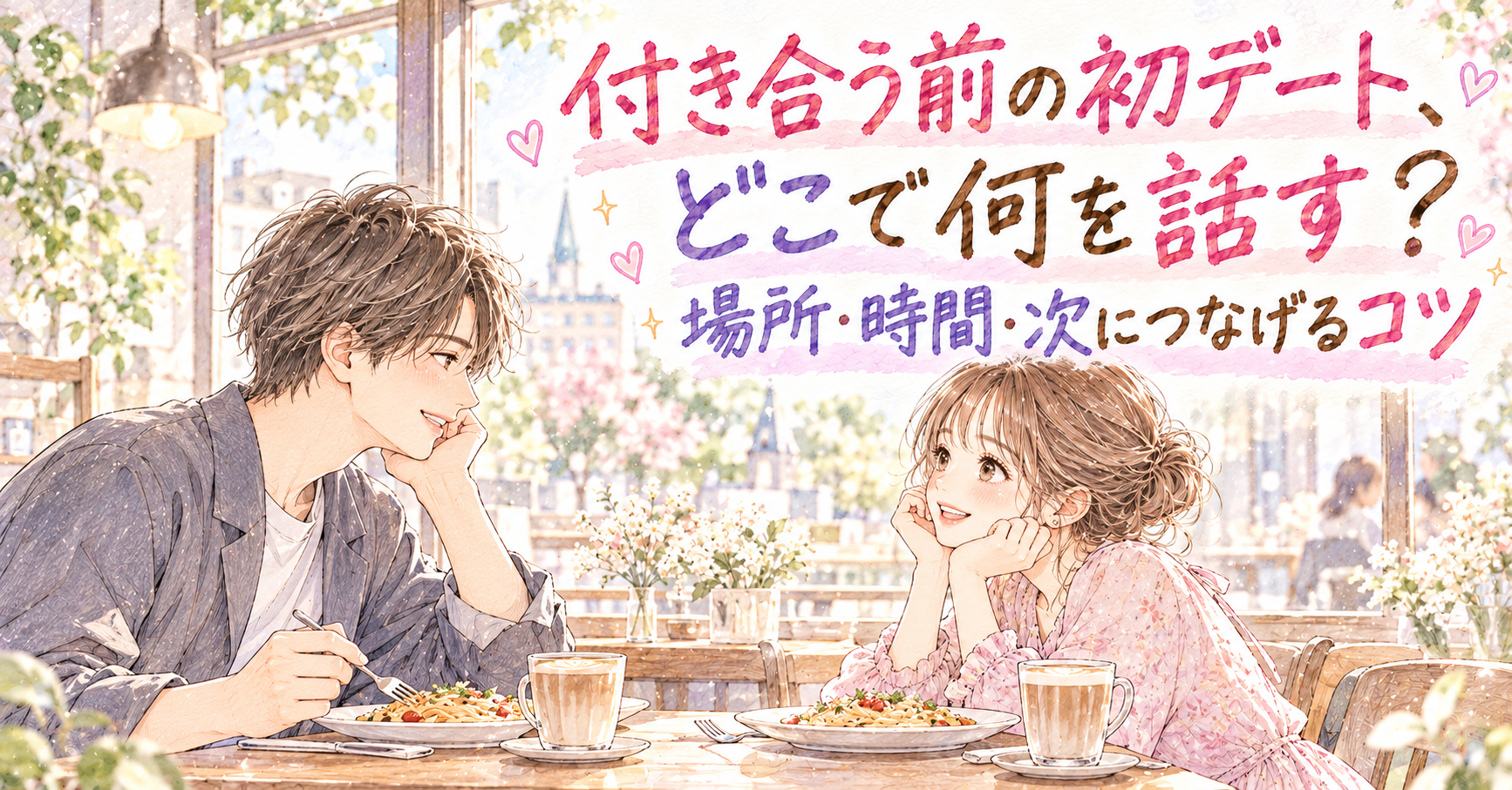 カフェの窓際のテーブルで、パスタを前に向かい合って楽しそうに話す男女のイラスト