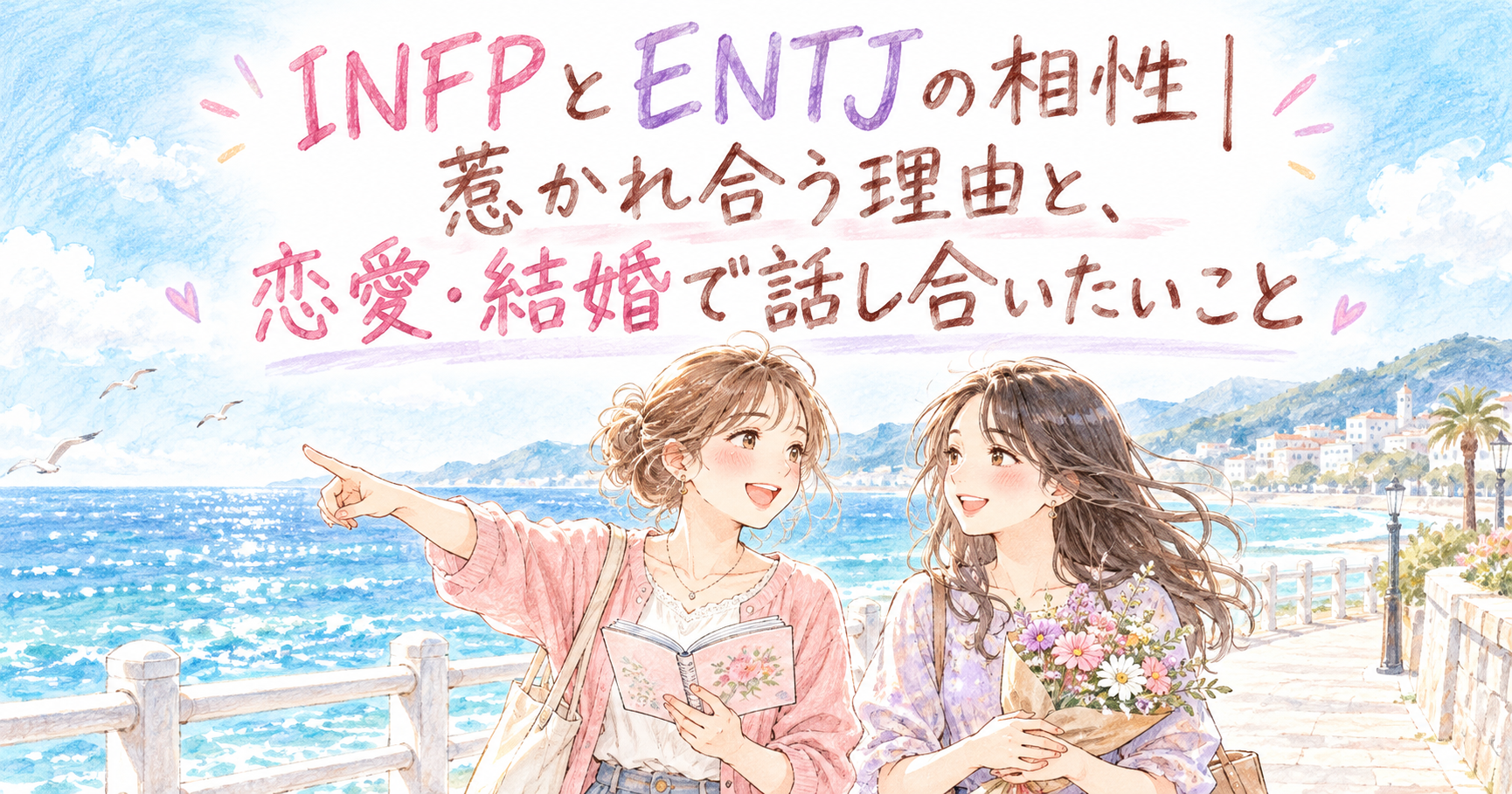 海辺の遊歩道で、手帳を手に行き先を指さす女性と、花束を抱えてほほえむ女性のイラスト