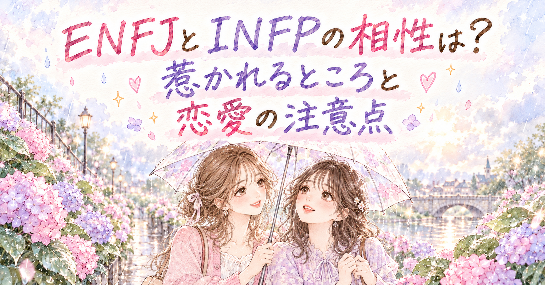 小雨あがりの紫陽花の遊歩道で、一本の傘を並んでさして歩く二人の女性のイラスト