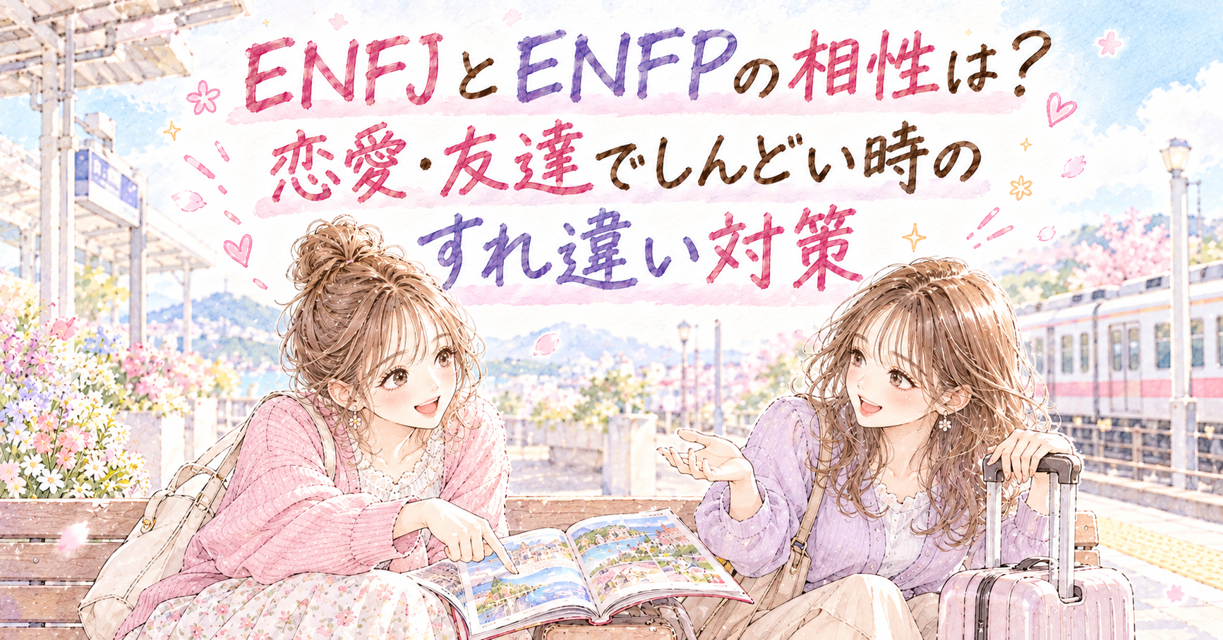 朝の駅のホームのベンチで、旅行ガイドブックを広げて行き先を相談する二人の女性のイラスト