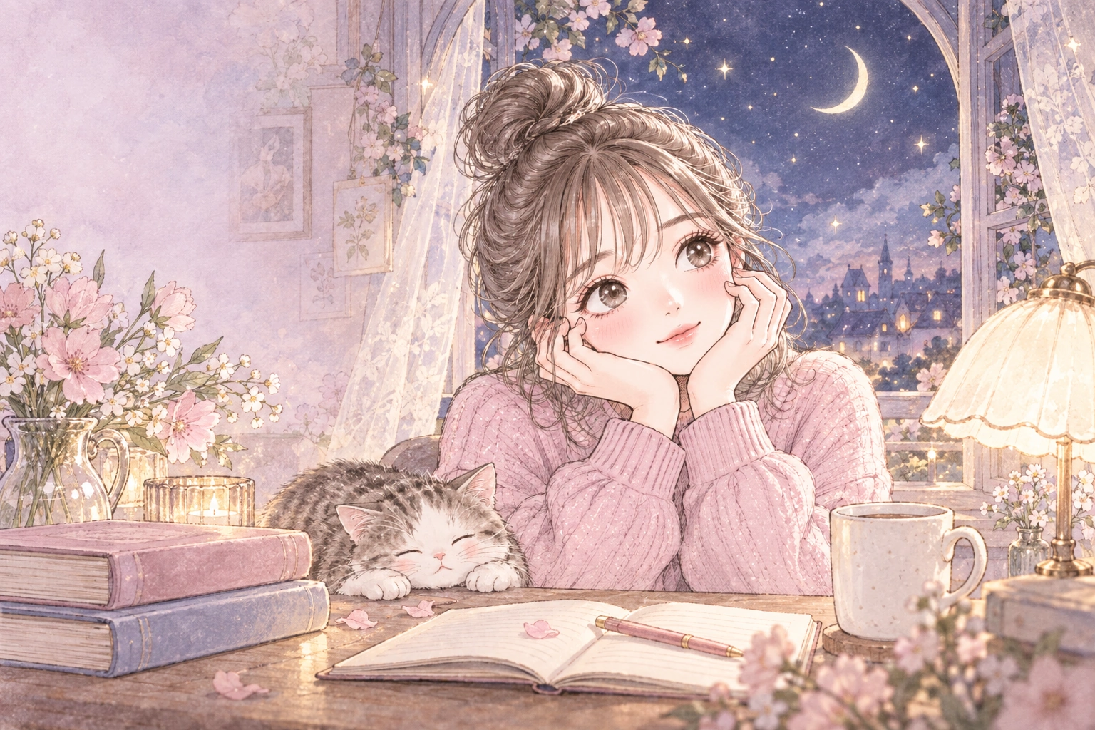 星と月が見える窓辺で、ピンクのニットを着たまとめ髪の女性が頬に手を添える手描きイラスト