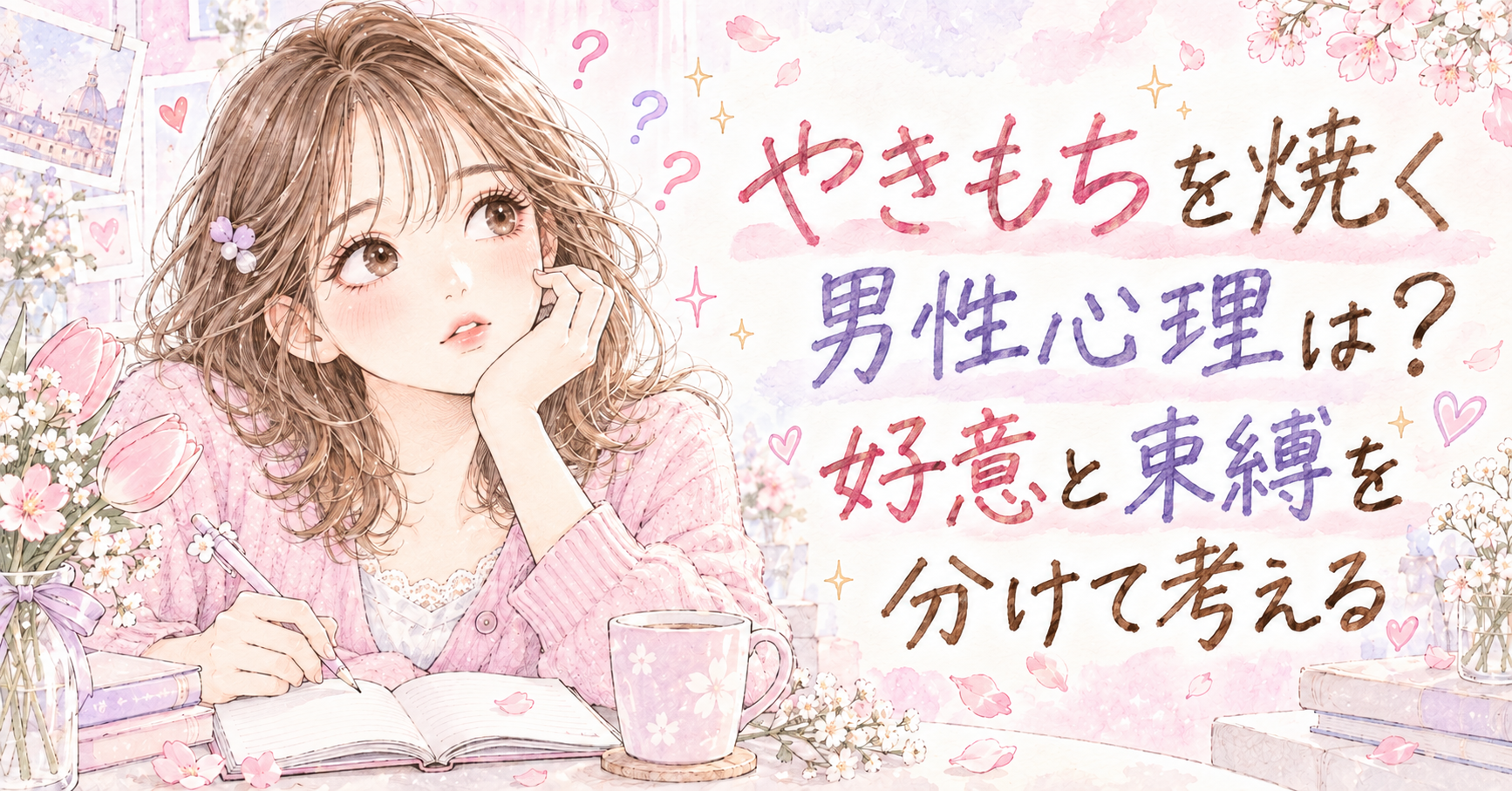 やきもちを焼く男性心理は?好意と束縛を分けて考える。ピンクのニットを着た女性が頬に手を添えて考える、花やノート、カップを添えた明るいピンクとラベンダーの手描き少女漫画風イラスト。