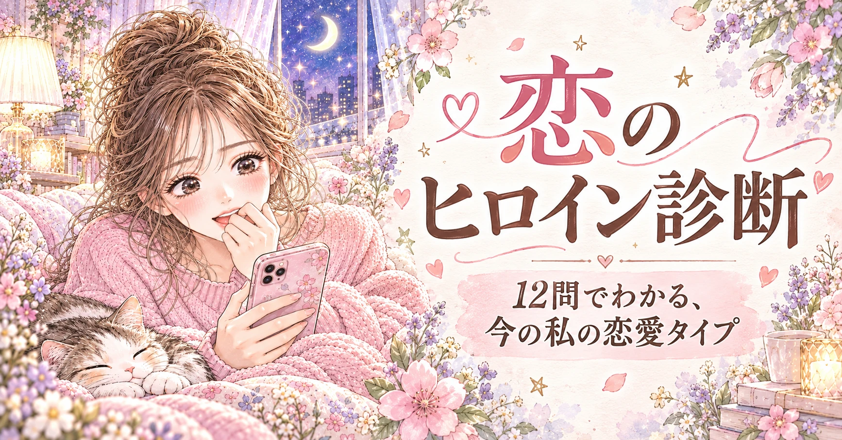 恋のヒロイン診断。12問でわかる、今の私の恋愛タイプ。夜の部屋でスマートフォンを手にする女性と眠る猫の少女漫画風イラスト。