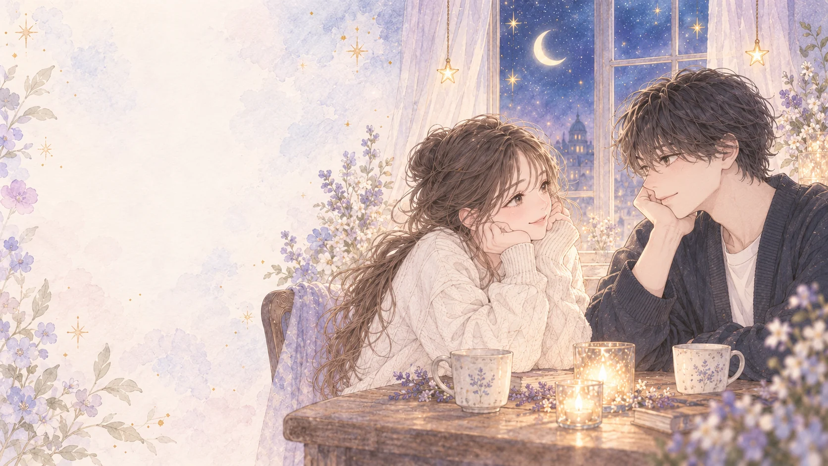 星明かりの窓辺で向き合う二人を描いた柔らかな水彩イラスト