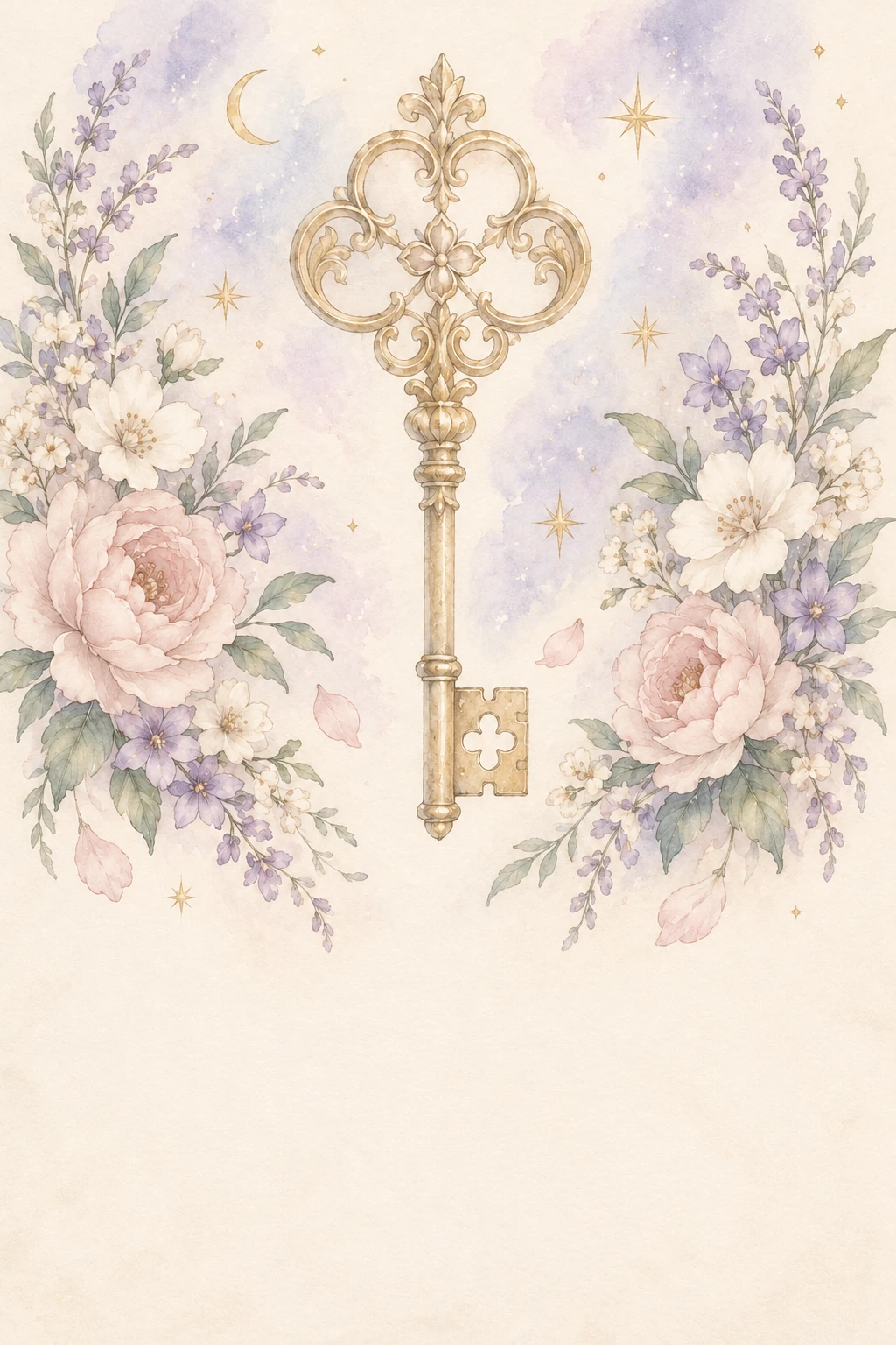淡い花に囲まれた金の鍵を描いた水彩のカード