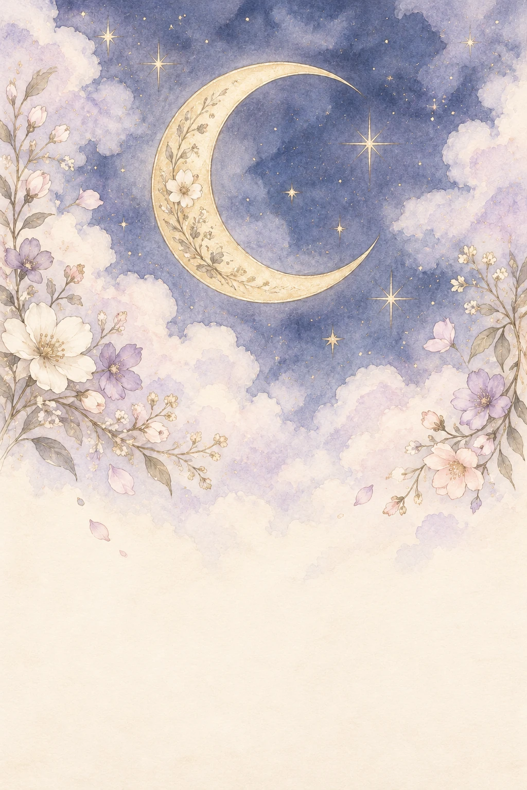 星空と花に囲まれた三日月を描いた水彩のカード