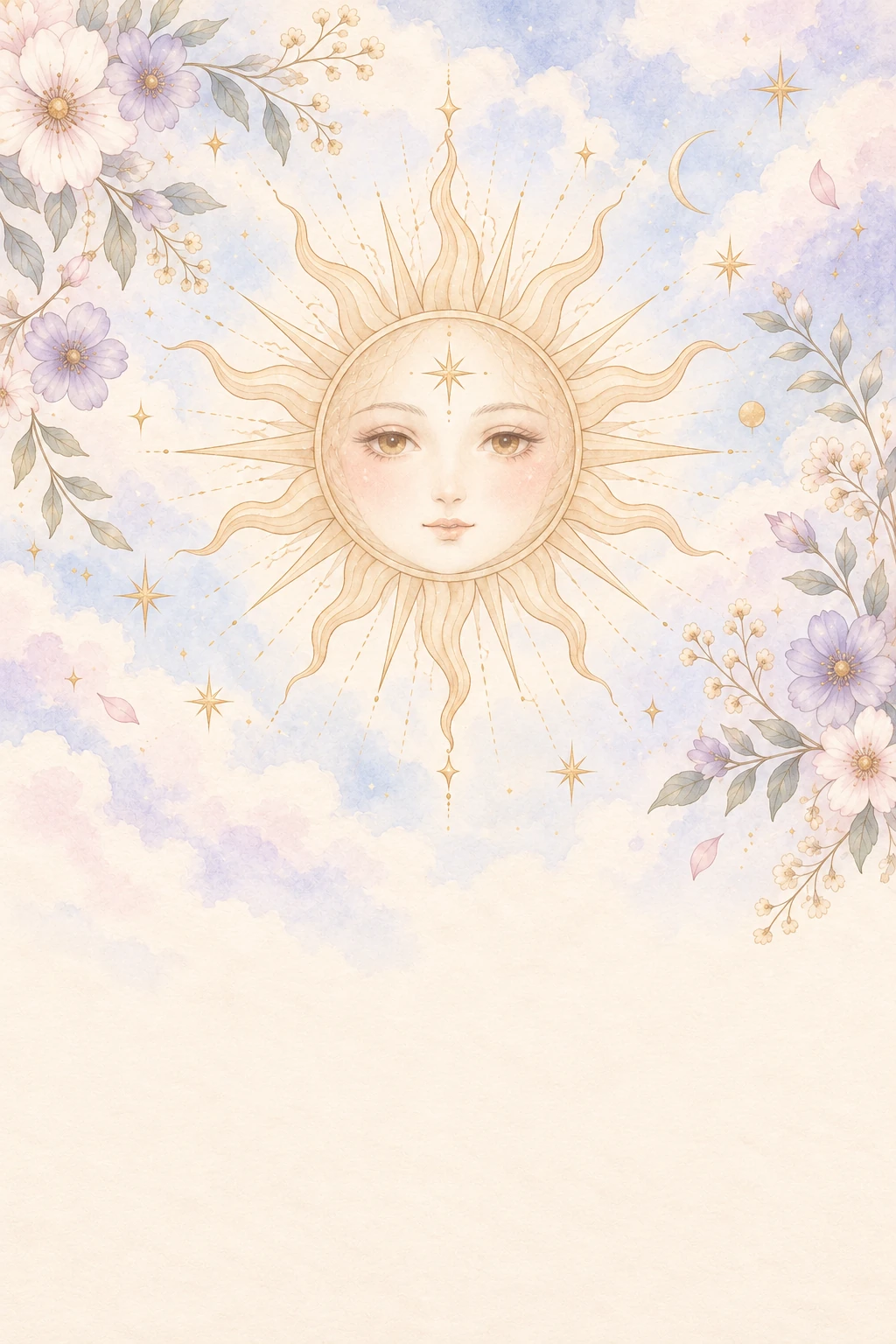 花に囲まれた太陽を描いた水彩のカード