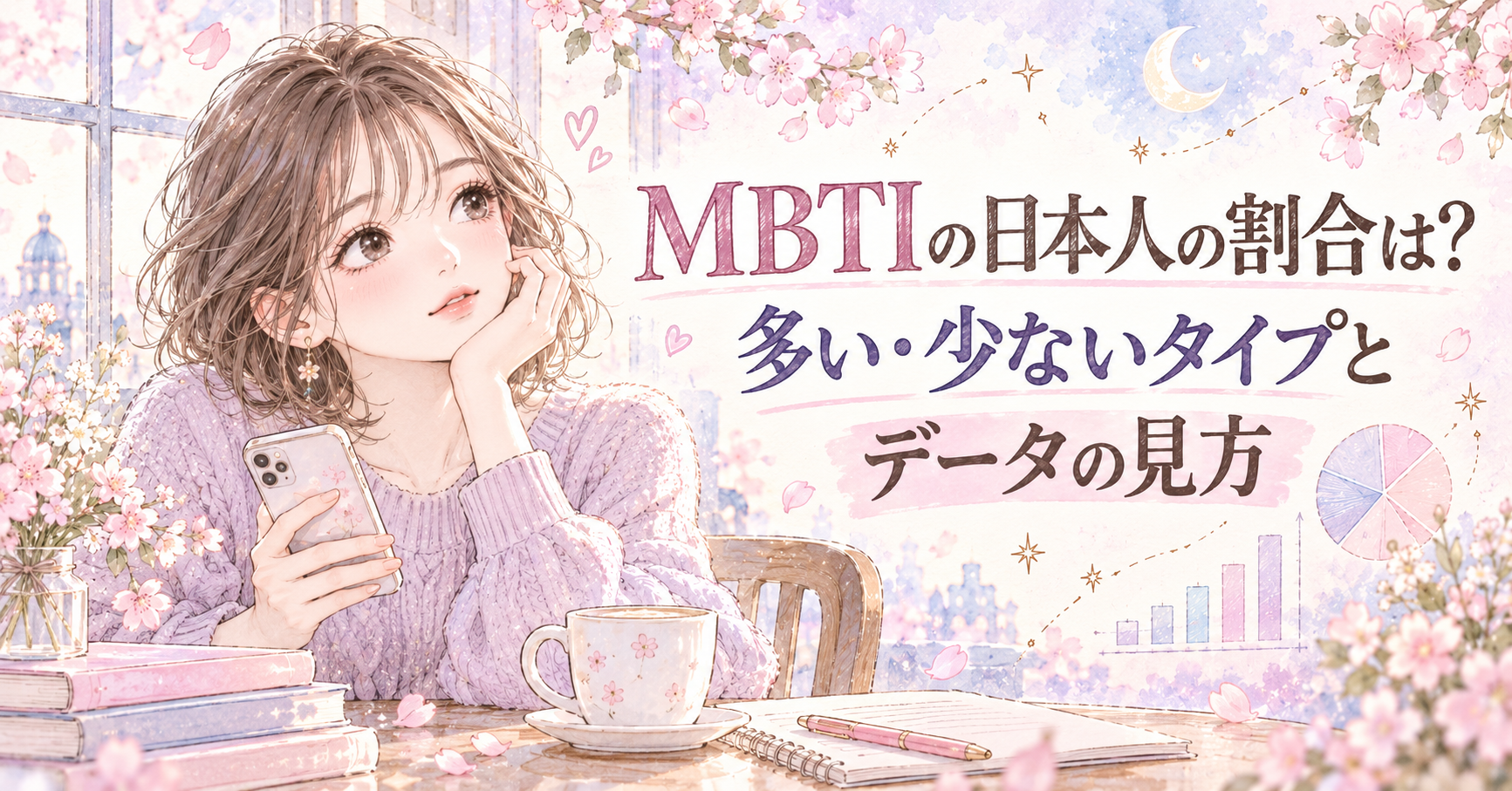 MBTIの日本人の割合は?多い・少ないタイプとデータの見方。スマートフォンを持つ女性と図表を、淡いピンク・ラベンダーの繊細な少女漫画風で描いたイラスト。