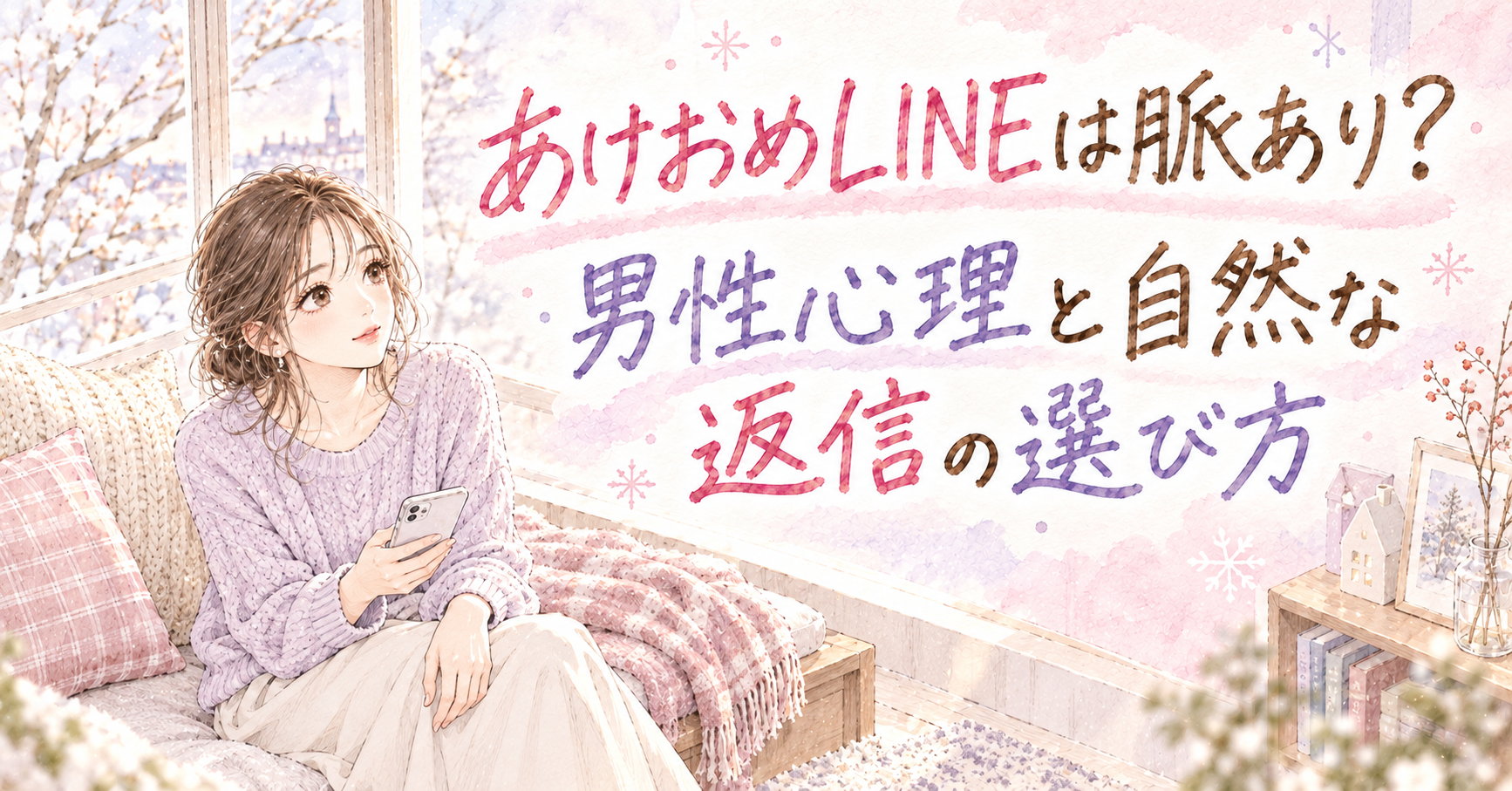 冬の窓辺でスマートフォンを手に返信を考える大人の女性を描いた、淡いピンクとラベンダーの手描き少女漫画風イラスト
