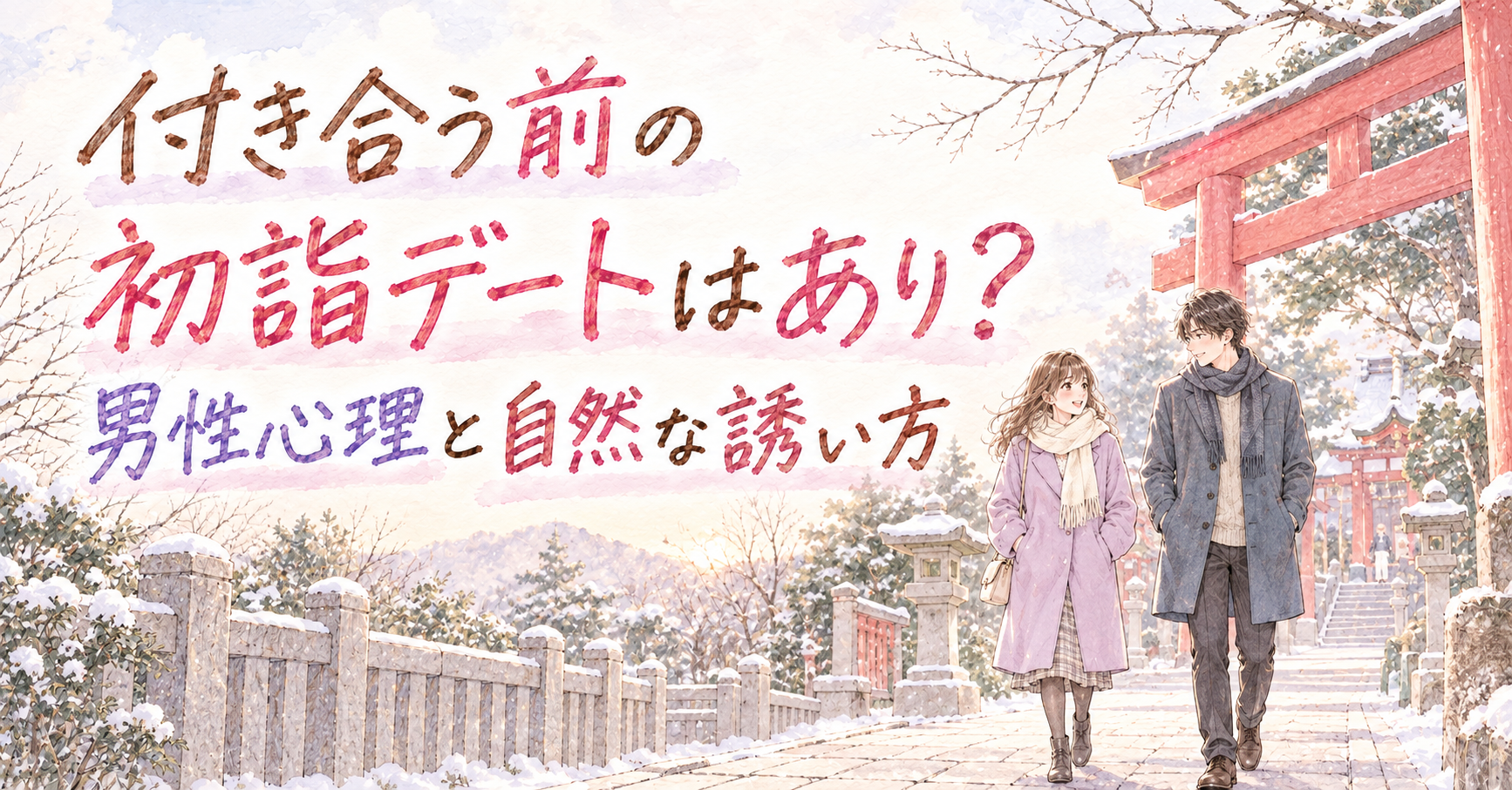冬の神社の参道で会話しながら歩く成人の女性と男性を、淡いピンクとラベンダーの手描き少女漫画風で描いたイラスト