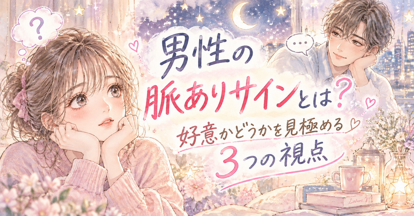 頬杖をついて考える女性と、窓の外の夜景を背に微笑む男性のイラスト